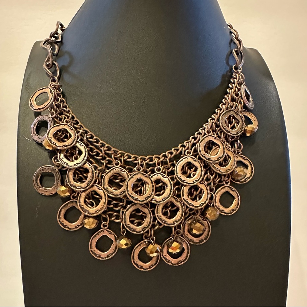 Copper Statement Necklace, Copper Tone Hammered D… - image 1